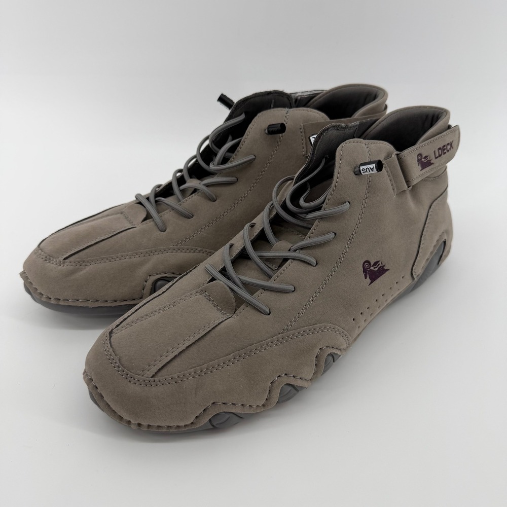 LDECK Driving Shoes Men 44 Gray Faux Suede Mid Top Hook Loop Lace Up Sneakers